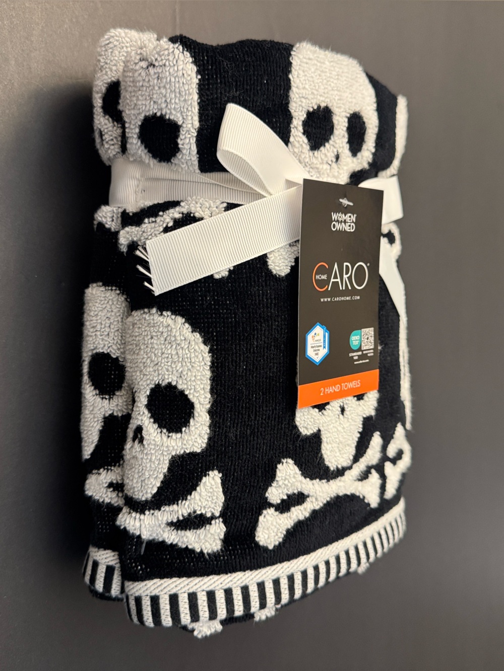 2pc CARO HOME Skull Pattern Bath Hand Towel Set - Halloween - 100% Cotton